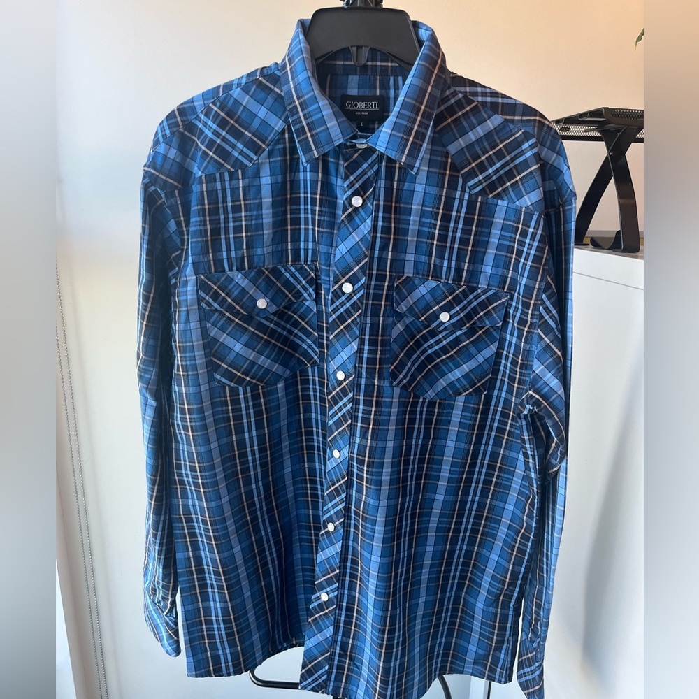 Giberti Men's Western Shirt Blue Plaid With Pearl Snaps